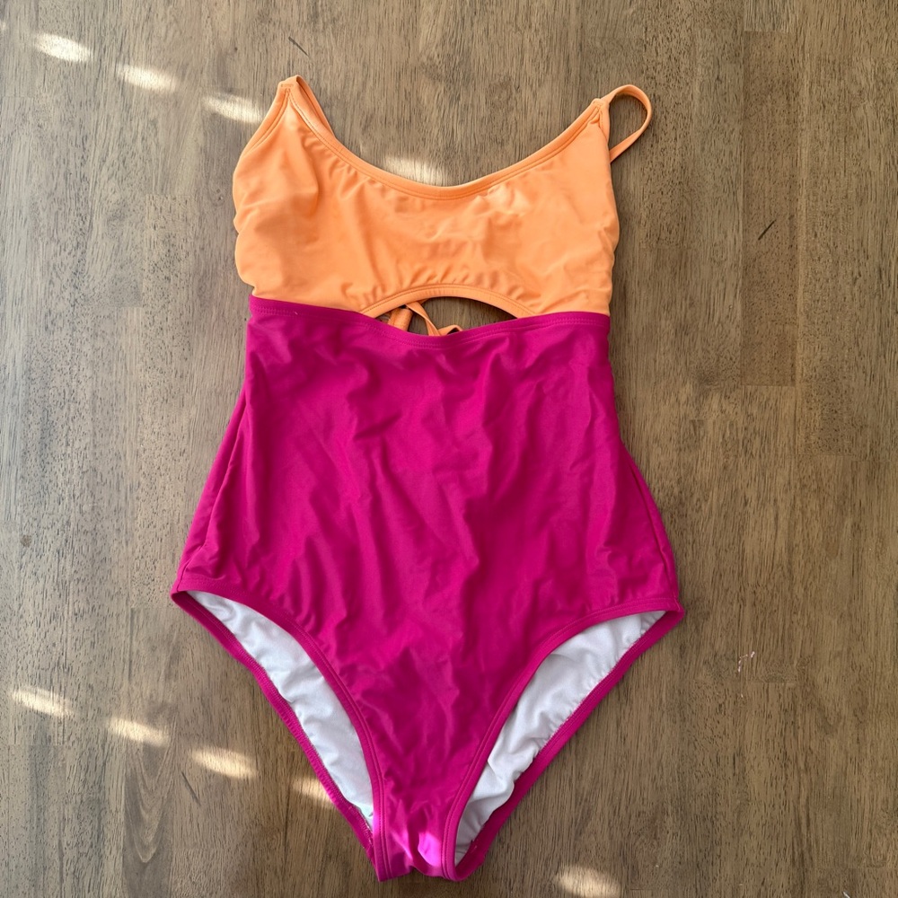 Kona Sol Cutout Colorblock One-Piece Swimsuit, Hot Pink and Orange, Size L